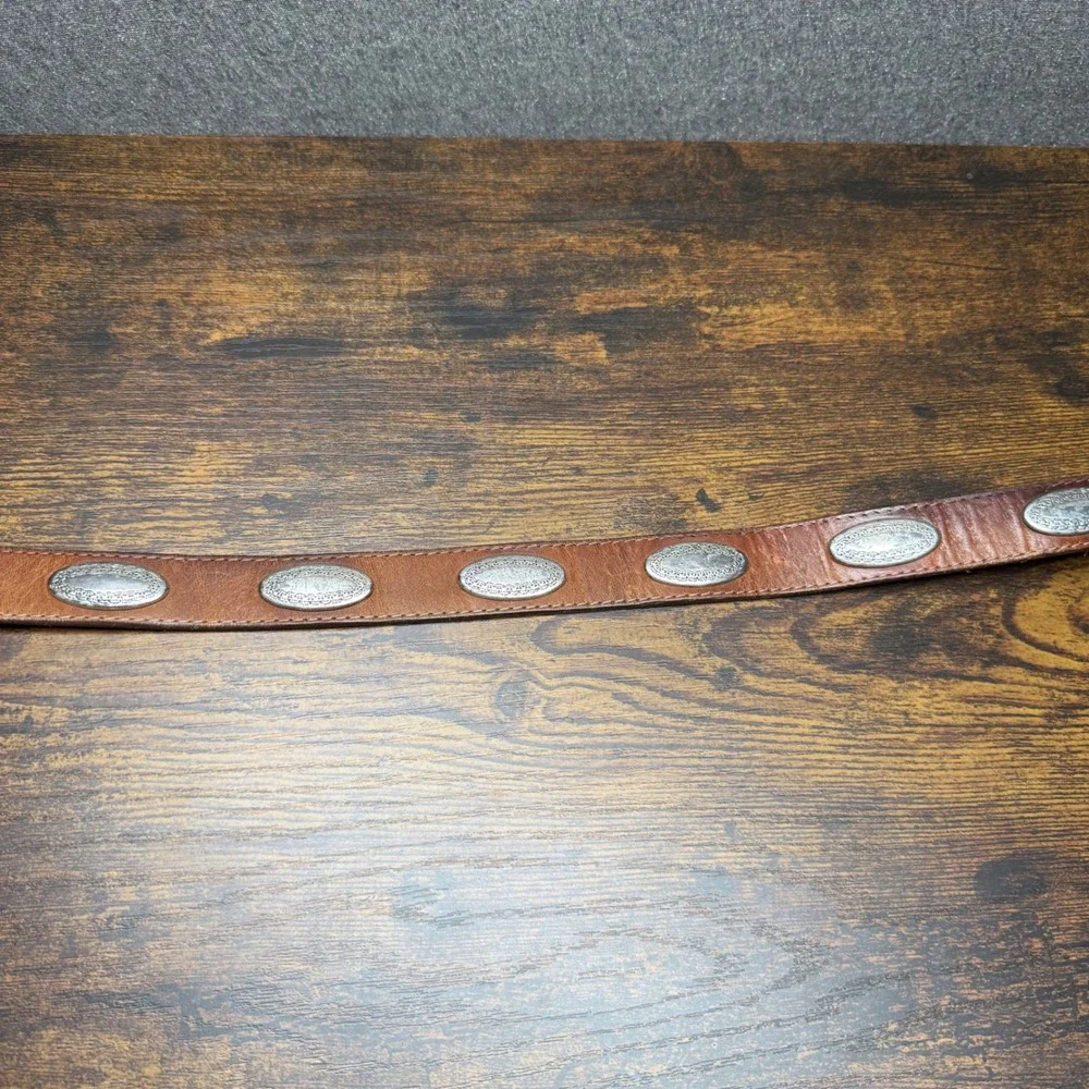 Vintage Western Leather Concho Belt Brown Silver Etched Buckle Boho Equestrian